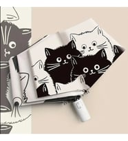 Basit Karikatür Kedi Baskılı Siyah Beyaz UV Koruma Şemsiye Otomatik 1 Adet (Çok Renkli-Sıyah)