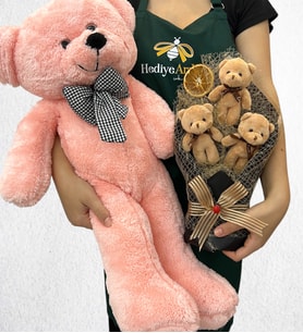 Özel Tasarım 3'lü Peluş Ayıcık Buketi ve Büyük Boy Pembe Peluş Ayıcık (Model 5)