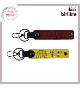Gezgin Sevgiliye Kişiye Özel Hediye, Karavan Motifli Anahtarlık Takımı, İsim Yazılabilir, Bordo-Sarı
