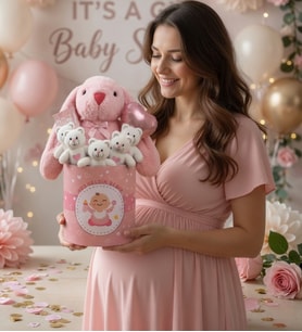Hoşgeldin Bebek Temalı, Sevimli Uyku Arkadaşı Tavşan ile  Yumoş Peluş Ayıcık Buketi- Yenidoğan Babyshower ÖZEL