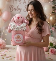 Hoşgeldin Bebek Temalı, Sevimli Uyku Arkadaşı Tavşan ile  Yumoş Peluş Ayıcık Buketi- Yenidoğan Babyshower ÖZEL (Pembe)