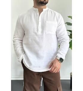Erkek Hakim Yaka Yarım Patlı Cepli Gömlek Beyaz Edw361