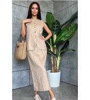 Neşeli butik kadın keten etek yelek alt üst ikili takım NBEMP1072