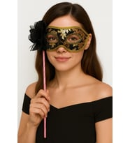 Lüks Taşlı Saplı Maskeli Balo Maskesi Siyah Renk 35 cm (4767)