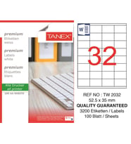 Tanex Lazer Etiket tw-2032 100 A4 Sayfa Laser Etiket 52 x 35 Boyutunda 1 A4 Sayfada 32 Etiket