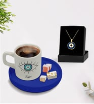 BK Gift Kişiye Özel İsimli Mavi Sunum Tabaklı Türk Kahvesi Fincanı ve Açılan Nazar Kolye Hediye Seti -5