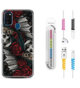 Samsung M21 M22 M23 M30 M31S M32 Kılıf Kablo Koruma Spiral Silikon Skull Rose 1673