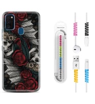 Samsung M21 M22 M23 M30 M31S M32 Kılıf Kablo Koruma Spiral Silikon Skull Rose 1673