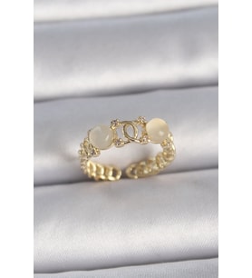 Pirinç Gold Renk Ayarlanabilir Zirkon Taşlı Beyaz Mineli Birleşik Halka Model Kadın Yüzük