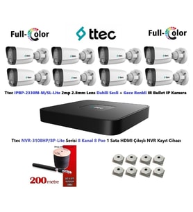 Ttec 2mp Dahili Sesli Ve Gece Renkli 8 Kameralı 500GB Disk Tak Çalıştır Hazır IP Kamera Seti (Beyaz)