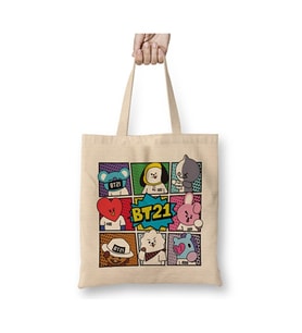 Bts Bt21 Bez Çanta Uzun Saplı Alışveriş Çantası Plaj Çantası (Beyaz)
