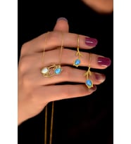 925 Ayar Gümüş Gold Kaplama Özel Tasarım Beyaz-Mavi Opal Kolye Ve Mavi Opal Lale Küpe Set
