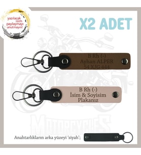Motorcu Tarzına Özel, İsim Plaka ve B Rh (-) Kan Grubu İşlenmiş x2 Anahtarlık, Yavruağzı-Kahve-Syh (Çok Renkli)