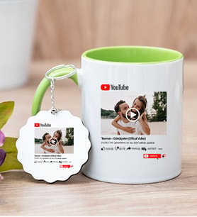 Kişiye Özel Youtube Tasarım Fotoğraflı Yeşil Kupa Bardak ve Anahtarlık