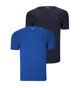 İKİLİ SET T8568 DEWBERRY V YAKA ERKEK T-SHIRT-LACİVERT- SAX