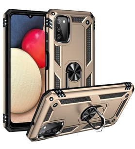 Samsung Galaxy A03S Uyumlu Kılıf Standlı Manyetik Yüzüklü Military Magnetic Ring Polycarbonate and TPU Case (Gold)