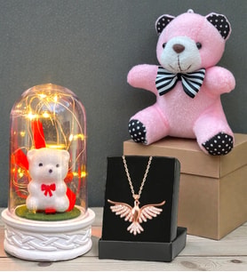 Premuim Hediye Seti Anka Kuşu Kolye, Peluş Anahtarlık ve Led Işıklı Fanus (Model 5)