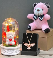 Premuim Hediye Seti Anka Kuşu Kolye, Peluş Anahtarlık ve Led Işıklı Fanus (Model 5)