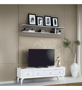 Vina Tv Sehpası Beyaz Gümüş Şeritli Kapaklı Modern Tasarım 150 Ekran Üzeri Uyumlu 160x36x50 Cm