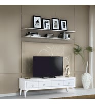 Vina Tv Sehpası Beyaz Gümüş Şeritli Kapaklı Modern Tasarım 150 Ekran Üzeri Uyumlu 160x36x50 Cm