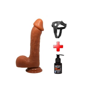 23,5 cm Realistik Vantuzlu Melez Dildo Penis + Kemer + Kayganlaştırıcı Hediyeli