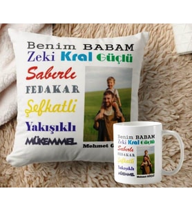 Babalar Günü Kişiye Özel Kupa Bardak Ve Premium  Kadife İpeksi A Kalite Yastık Özel Hediye Kutusunda