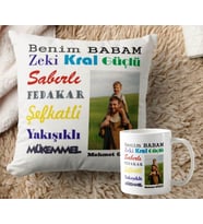 Babalar Günü Kişiye Özel Kupa Bardak Ve Premium  Kadife İpeksi A Kalite Yastık Özel Hediye Kutusunda