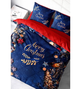 Yılbaşı Nevresim Takım %100 Doğal Pamuk Merry Christmas Çift Kişilik Merry Blue