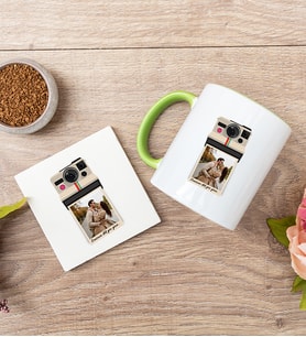 Kişye Özel Polaroid Tasarım Fotoğraflı Yeşil Kupa ve Bardak Altlığı