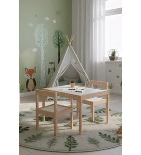Montessori Çocuk Ahşap Etkinlik Masası Seti, 2 Sandalyeli