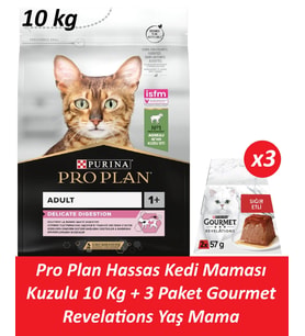 Pro Plan Hassas Kedi Maması Kuzulu 10 Kg + 3 Adet Gourmet Sığır Etli Yaş Mama