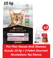 Pro Plan Hassas Kedi Maması Kuzulu 10 Kg + 3 Adet Gourmet Sığır Etli Yaş Mama