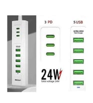 3 Type-C + 5 USB Girişli 24W Hızlı Şarj Cihazı Çoklu Soket Akım Korumalı Adaptör