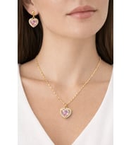 Kadın Altın Renk Kalp Taşlı Kolye Küpe Set Pembe Zirkon