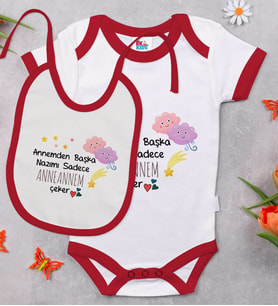 BK Kids Anneannem Tasarımlı Kırmızı Bebek Body Zıbın ve Mama Önlüğü Hediye Seti-1