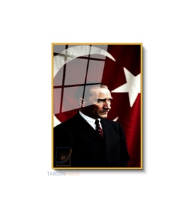 Dikey Çerçeveli Cam Ataturk Ve Bahrak Modern Ev Dekoru Duvar Sanatı Ev Ofis Tablosu (Altın)