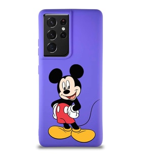 Samsung Galaxy S21 Ultra Soft Premier Kapak Mickey Mouse-E Tasarımlı Silikon Kılıf - Mor (Şeffaf)