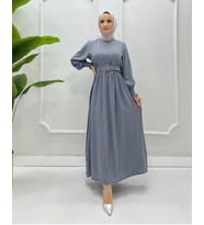 UZUN KOLLU BOYDAN KEMERLİ BOYDAN YAZLIK ELBİSE (Gri)