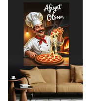 Fırında Pizza Yapan Şef Aşçı Dekoratif Kanvas - Mdf Ahşap Tablo