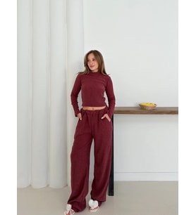 Balıkçı Yaka Örme Takım Bordo
