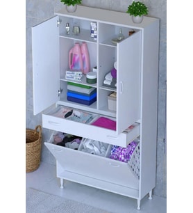 Eliusta Wall Beyaz Banyo Dolabı 100 cm  Üç Göz Bölmeli Sepet 100x171x32,5 cm 4 Raflı Mutfak/Banyo Dolabı