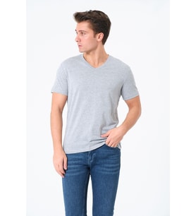 Erkek V Yaka %100 Pamuk Kısa Kollu Gri T-shirt Basic Erkek Tişört