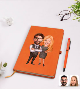 BK Gift Kişiye Özel Sevgililer Karikatürlü Turuncu Termo Deri Defter Kalem Seti Model 100