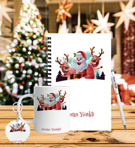 Yılbaşı İçin Kişiye Özel Ahşap Defter Kalem Kupa & Süblimasyon Anahtarlık Hediye Seti
