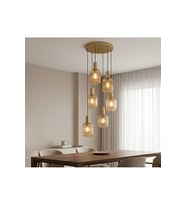 Altılı E27 Çizgili Bal Cam Sarkıt Avize Mat Altın Gold Metal Modern Salon Yemek Masası Tavan Avize