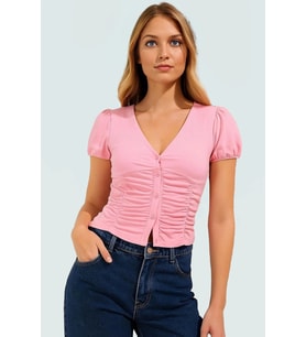 Likralı Bluz V Yaka Kısa Kollu Yazlık Fitted Kalıp Özel Tasarım Özenle Seçilmiş Mükemmel Uyum (Pembe)