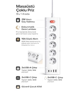 3680W 1050J Akım Korumalı 5li Priz 2 USB 2 Type-C 3.4A Dokunmatik LED Anahtarlı 2m Kablo Çoklu Priz (Sıcak Beyaz)