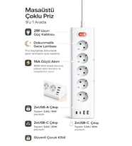 3680W 1050J Akım Korumalı 5li Priz 2 USB 2 Type-C 3.4A Dokunmatik LED Anahtarlı 2m Kablo Çoklu Priz (Sıcak Beyaz)