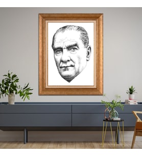 Altın Paspartulu Atatürk  Çerçeveli Tablo C158 (Gold)