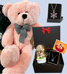 Kişiye Özel Premium Hediye Seti - Büyük Boy Pembe Peluş Ayıcık ve Fotoğraflı Hediye Kutusu (Model 3)